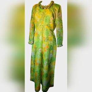 VTG 60s Mod Hippie Dress Long Chiffon Green Daisy Floral Formal Hostess Gown